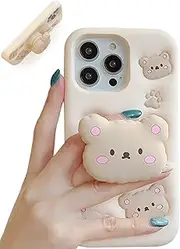 TUFTA Kawaii 3D Teddy Bear Phone Case for iPhone 13 Pro Max (with Retractable Phone Stand & Grip) Cute Girly Cartoon Soft Silicone Phone Cover for Girls, Kids, Teens, and Women, Beige