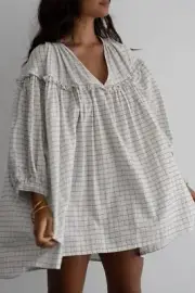 Frill Plaid Notched Balloon Sleeve Mini Dress for Women