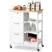Giantex Mobile Kitchen Island Rolling Cart w/Rubber Wood Countertop & 3 Drawers Lockable Steel Casters Serving Trolley White