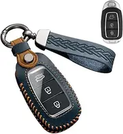 ontto Leather Car Key fob Cover fit for Hyundai I30 I40 Kona Solaris Grandeur Ig Accent Santa Fe Palisade 2017-2021 Keychain Keyring Accessories Remote Key case Key Holder Protector Blue