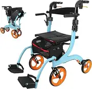 2024 New Rollator Walker with Seat Seniors, 2-in-1-Rollator-Walker-Wheelchair-Combo, Transport-Wheelchair-Lightweight-Foldable, 220lb Collapsible 4 Wheel Transport Chair w/Brake Footrest Pouch (Color