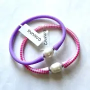 Canvas Style Bali Freshwater Pearl Waterproof Silicone Bangle Bracelet Set NEW