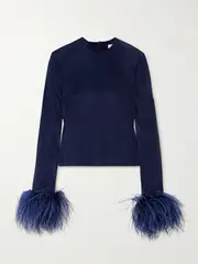[16ARLINGTON] 16ARLINGTON - Alero Feather-trimmed Cropped Mesh Top - Navy - UK 6 UK 6 Blue