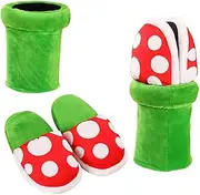 [dierjueyers] Piranha Plants Plush Slippers Suit Winter Home Wear Cannibal Flower Slippers with Green Warp Pipe Plush for Women Men, Green, One Size