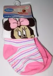 NEW! MINNIE MOUSE BABY SOCKS 2 PK Pink White Fold Over 6-12 18-24 mos