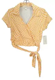 No Comment NY-LA Wrap Crop Top Front Tie Gingham Print Stretch Women’s L NWT