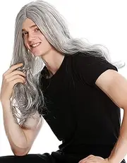 WIG ME UP - LM-155-ZA68E Men's Women's Long Wild Centre Parting Heavy Metal Old Rocker Hippie Grey