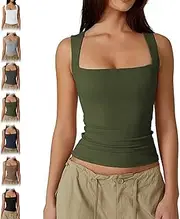 [BnMvF] Women's Square Neck Tank Top - Snatched Slim Fit Sleeveless Shirt, Double-Layered Stretchy Summer Top