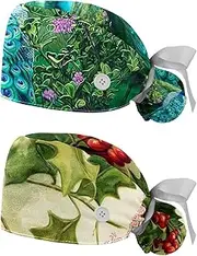 [WOSHJIUK] Working Hat 2 Pack Scrub Caps for Women,Vintage Colorful Blue Peacock,Tie Back Cap Adjustable Scrub Hat