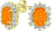 [Bling Jewelry] Vintage Estate Style Jewelry Oval Created Orange Fire White Opal Crown Halo CZ Stud Earrings For Women .925 Sterling Silver 12MM October Birthstone