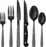 Black Hammered 24-Piece Stainless Steel Flatware Set with Steak Knives for 4