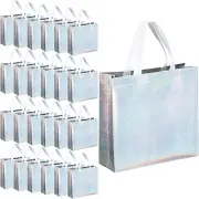60 Pcs Reusable Gift Tote Bags Grocery Shopping Bag w/ Handles Silver Iridescent