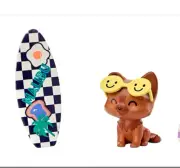 BARBIE DOLL EXTRA PUPPY DOG WITH SMILEY FACE GLASSES AND SURFBOARD