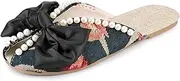 [Perphy] Floral Printed Peep Toe Slip on Pearl Flat Shoes Slides Mules for Women