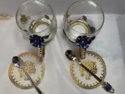 SET 2 Butterfly Flower Glass Tea Cup NEW With Spoon Gold Handle Blue Enamel
