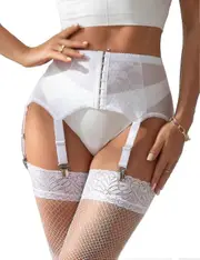 Rhafayre Women's Suspenders Plus Size Lace Garter Belt and 6 Metal Clips Adjustable Lingerie Garter Lingerie Waist Garter Set white L