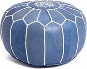 Premium Moroccan Leather Pouf Cover - Round & Large Ottoman Footstool Cover with Embroidery - Cover ONLY - Perfect for The Living Room Bedroom, Kids Room, Gift & Wedding (Bleu)