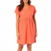 Briggs Ladies' Rolled Sleeves Linen Blend Dress, Coral , Small