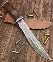 Handmade Damascus Steel 15.25 Inches Bowie Knife - Solid Marindi Wood/Bone Handl