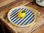 New Blue & White Stripped Country Farmhouse Lemon Large Ceramic Trinket Tray
