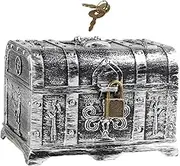 Pirate Treasure Chest Jewelry Box Collection Storage Box with Lock and Key for Brooches Bills Necklaces Letters, Antique Silver, 14cmx10cmx9.5cm