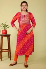 Beautiful Rayon Fabric Sequence Work & Bandhenj Printed Work Kurti With Pant