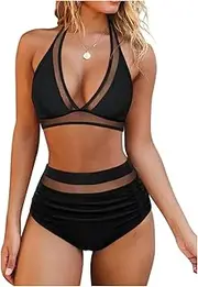 [Generic] Women's High Waisted Bikini Sets Sexy Mesh Two Piece Swimsuits Tummy Control Bathing Suit