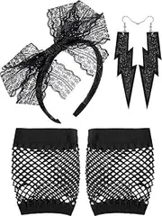 [IRokHH] 80's Lace Headband Neon Earrings Fingerless Fishnet Gloves for 80's Party