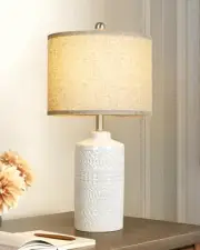 White Ceramic Table Lamp with Beige Shade: 3-Way Dimmable Night Stand Light