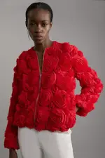 Crinkle Rosette Woven Bomber Jacket