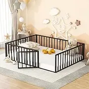 TURRIDU Queen Size Montessori Floor Bed with Safety Fence and Door, Metal Floor Bed Frame with Rails, Minimalist Versatile Floor Bed for Children Bedroom, Toddlers, Boys Girls, Playroom, Black