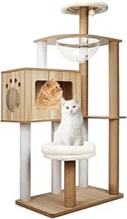 VAKA Cat Tree Tower with Scratching Posts, 142cm Transparent Bowl & Hideaway Box – Multi-Level Activity Centre for Indoor Cats, Sturdy Wooden Frame with Plush Perches & Play Ball