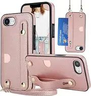 for iPhone 16e (2025) Crossbody Wallet Case with Card Holders, Removable Adjustable Lanyard Women PU Leather Case with Wrist Strap Purse Cover for iPhone 16e, KB Rose