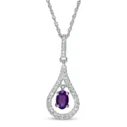 Oval Amethyst and Natural Diamond Accent Teardrop Pendant in Sterling Silver