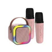 Laser Mini Karaoke Speaker with Bluetooth, 2 Wireless Microphones, Voice Effects - Portable Fun for Kids and Parties - Pink