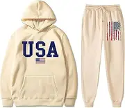 [HongYunAu] Unisex Fashion Sportsuit Set Spring Autumn American Flag Print Hoodies & Pants 2 Piece Set