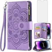 Asuwish Phone Case for iPhone 14 Pro Max 6.7 inch Wallet Cover with Tempered Glass Screen Protector and Flip Credit Card Holder Cell iPhone14promax 5G i Phone14Max Plus iPhone14 ProMax Women Purple
