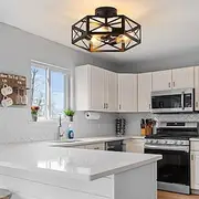 Black Flush Mount Ceiling Light, Modern Farmhouse Light Fixtures with Metal Hexagon Cage,Industrial Close to Ceiling Lamp for Kitchen Hallway Bathroom Closet,3