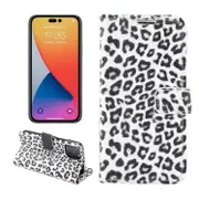 For iPhone 14 Pro Case, Leopard Print PU Leather Wallet Cover, White