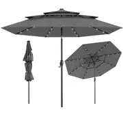 Costway 3m Market Sunshade Solar Patio Umbrella w/32 LED Lights & Easy Crank Heavy-Duty Table Parasol Grey