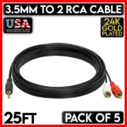 3.5mm Plug to 2 RCA Plug Cable 25FT Stereo Dual RCA AUX Speaker Cord Male 5 PCS