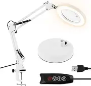 Lighted 10X Magnifier with Clamp Dimmable Magnifying Glass with 3 Color Modes Adjustable Swivel Arm Magnifying Lamp Hands Reading Magnifier Light for Working Elderly Reading..(White)