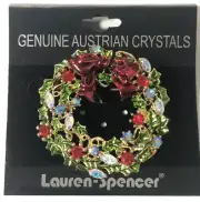 Lauren Spencer Rhinestone Christmas Wreath Brooch Pin Genuine Austrian Crystals