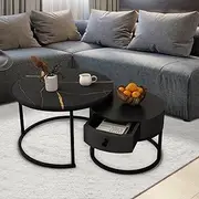 Luxsuite Round Nesting Coffee Table Set of 2 Bedside Stacking Faux Marble Look Accent Tables Soft Side Table Set with Drawer Living Room Furniture Black