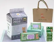 Asahi Paws Complete Greener Pet Care Bundle with Charcoal Puppy Pads, Compostable Waste Bags, Lavender Scented Compostable Wet Wipes, Travel Pack and Pawrent Lifestyle Tote Bag, Beige