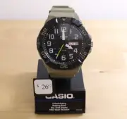 Casio Oversized Analog Black Dial Watch Tan Resin Band, Day/Date, 100m WR NEW