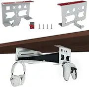 Aluminum Under Desk Mount for PS5/PS5 Slim Digital & Disc, Securing Under Desk Bracket with Detachable Controller & Headphone Holder Kit No Drill (White)