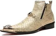 [Generic] High Top Genuine Leather Faux Print Metal Tip Flat Mens Ankle Boots with Dual Zipper