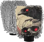 XYMZR Raven Skull Scary Absorbent Microfiber Car Wash Mitt, Funny Cute Anime Scratch Free for Cars Cleaning, Home Cleaning Mitts, 2 Pack, 10.24” L x 7.09” W