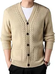 [Generic] Mens Cable Knit V Neck Button up Sweaters Blend V Neck Ribbed Cardigan Sweater Men Long Sleeve Cardigan with Pockets